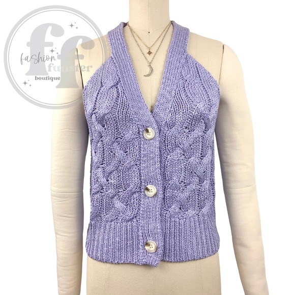 Day + Moon Chic Lavender Pastel Purple Cable Knit Sweater Vest Cardigan Tank Top - Picture 9 of 11